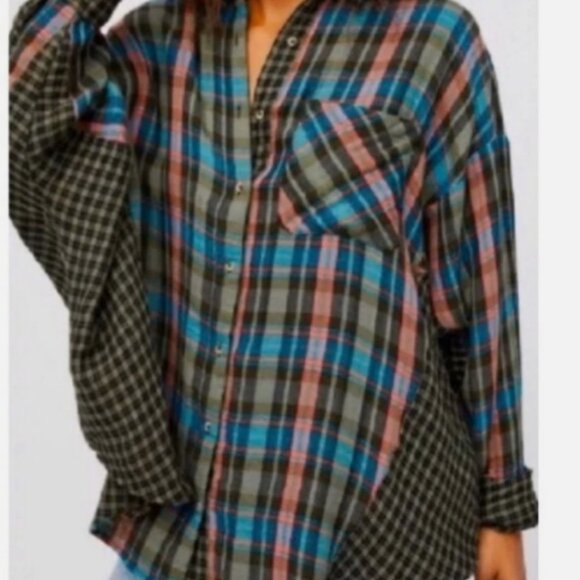 Free People One of the Guys Plaid Button Down, Green Combo, size M - Picture 2 of 9